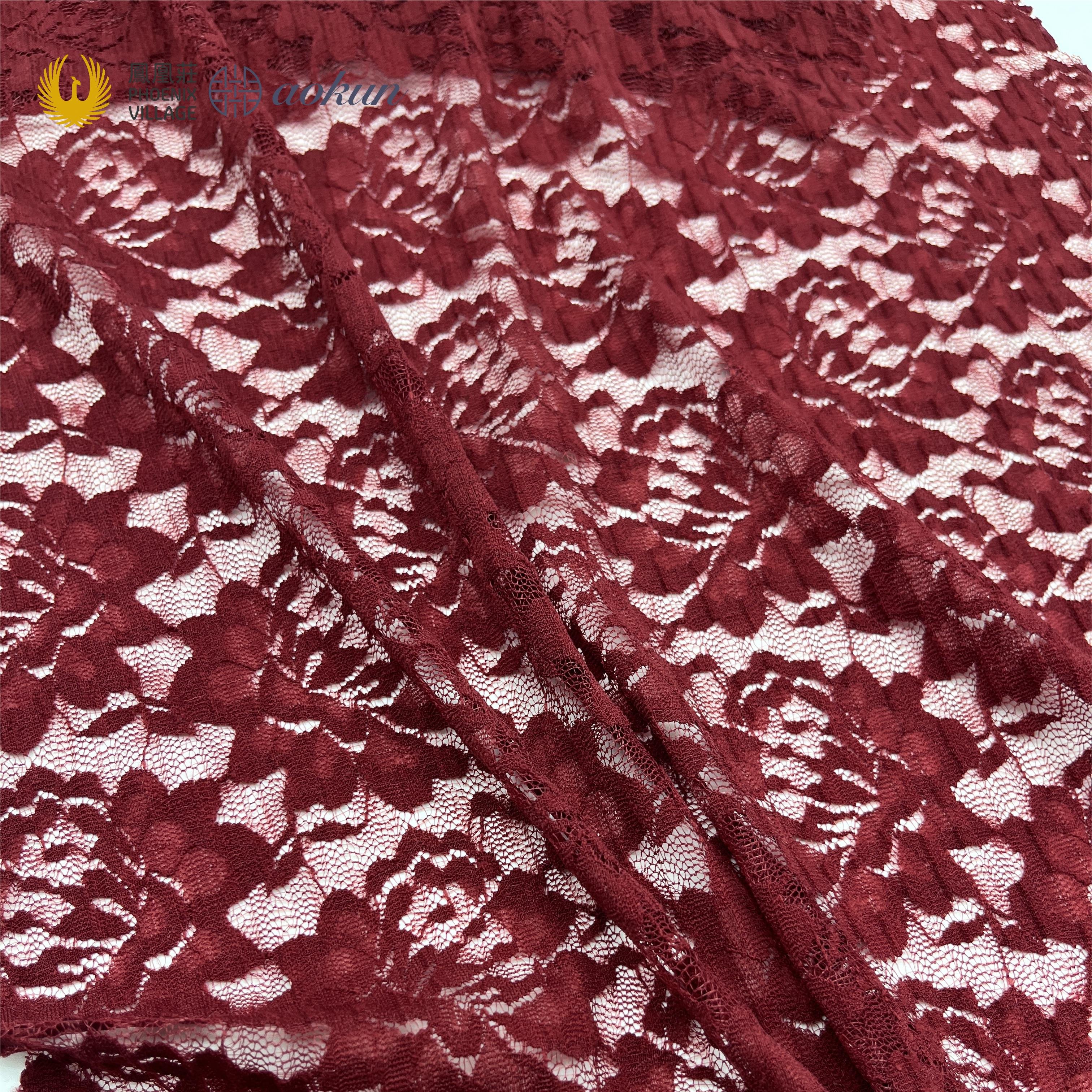 Wholesale Factory Price Wine Red Lace Fabric Block Casual Stretch Fabric Embroidered Nylon Spandex Tear-Resistant Jacquard Lace